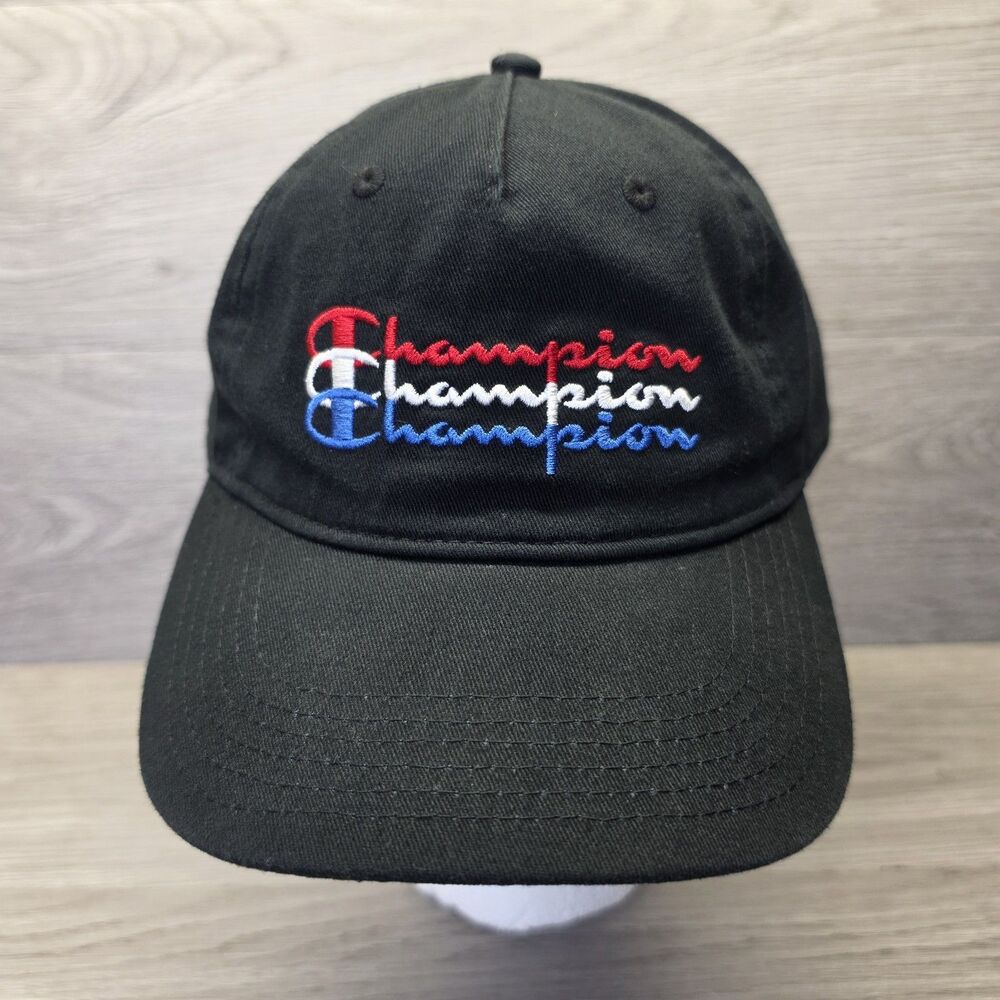 Champion Black Dad Hat Triple Embroidered Script Logo Strapback Cap Streetwear